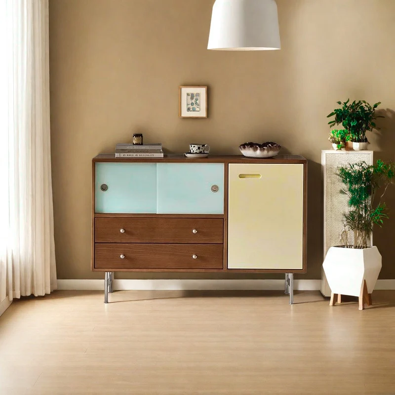 Contemporary Scandinavian Rectangular Boxwood Stainless Steel Plywood Storage Cabinet 2-Drawer For Living Room
