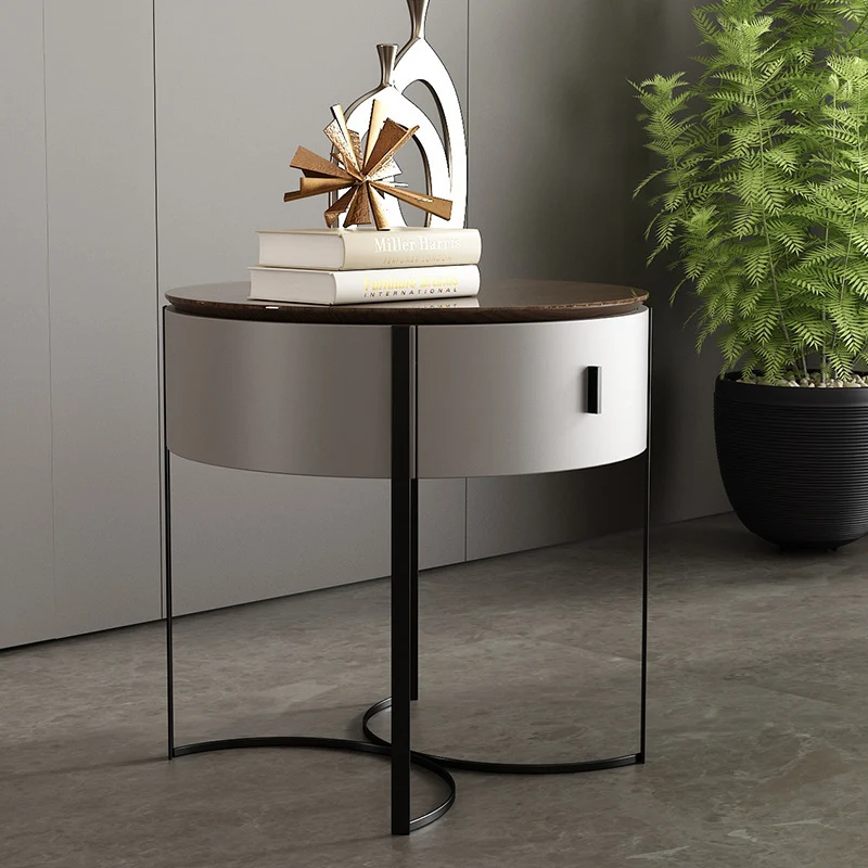 Modern Minimalist Round MDF Walnut Veneer Carbon Steel Storage Cabinet 2-Leg 1-Drawer For Living Room