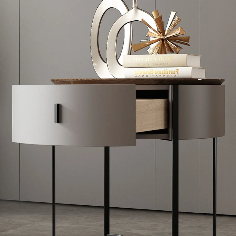 Modern Minimalist Round MDF Walnut Veneer Carbon Steel Storage Cabinet 2-Leg 1-Drawer For Living Room