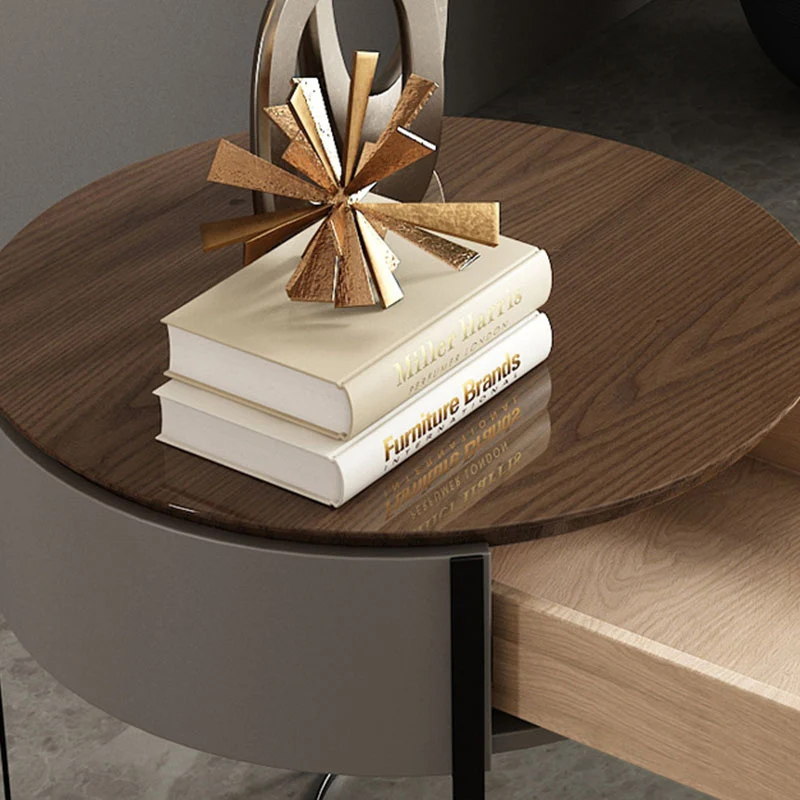 Modern Minimalist Round MDF Walnut Veneer Carbon Steel Storage Cabinet 2-Leg 1-Drawer For Living Room