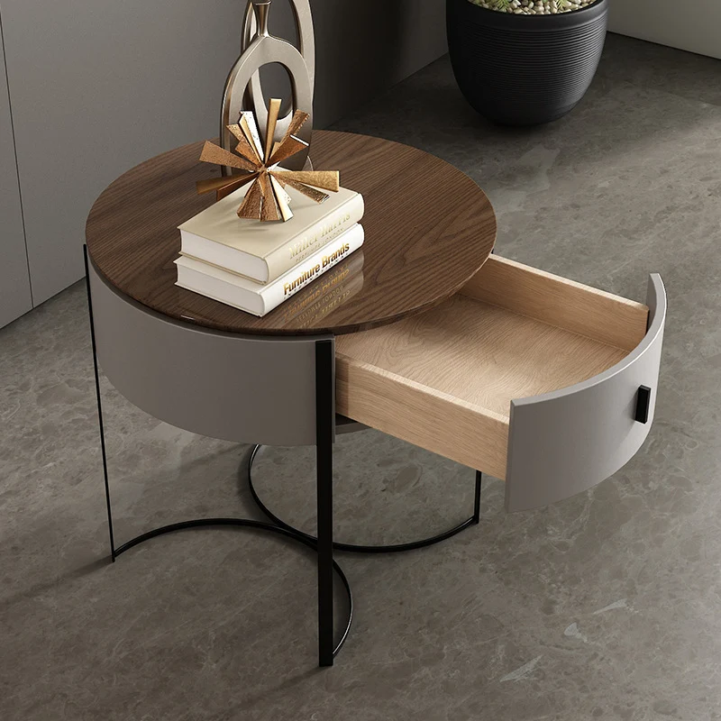 Modern Minimalist Round MDF Walnut Veneer Carbon Steel Storage Cabinet 2-Leg 1-Drawer For Living Room