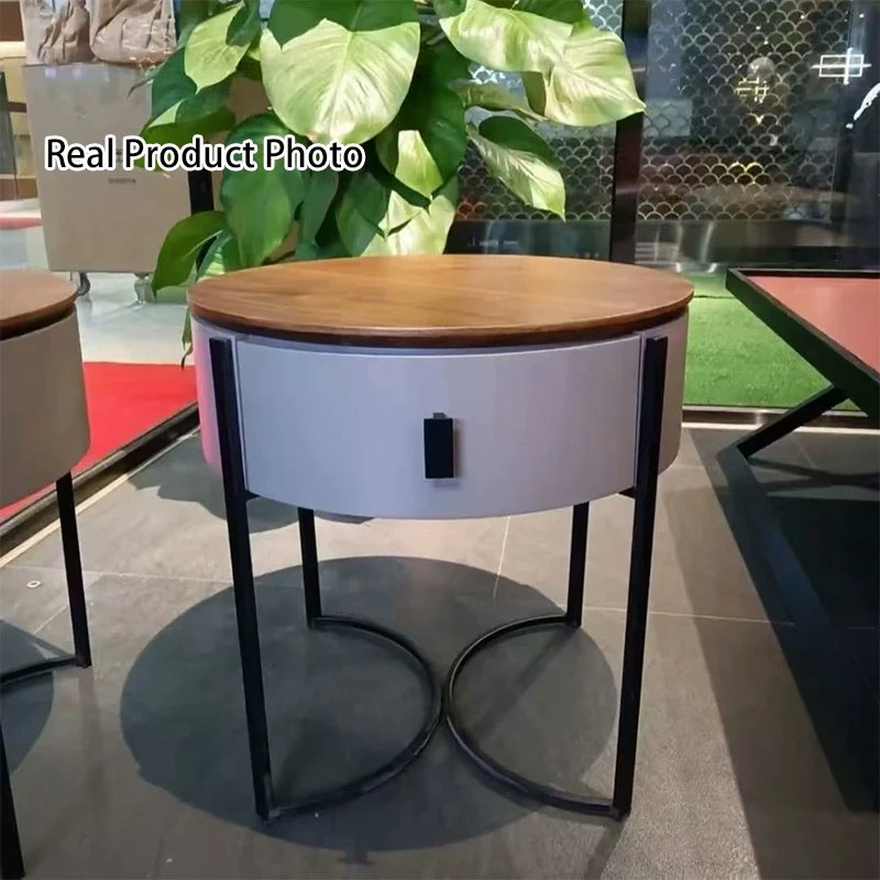 Modern Minimalist Round MDF Walnut Veneer Carbon Steel Storage Cabinet 2-Leg 1-Drawer For Living Room