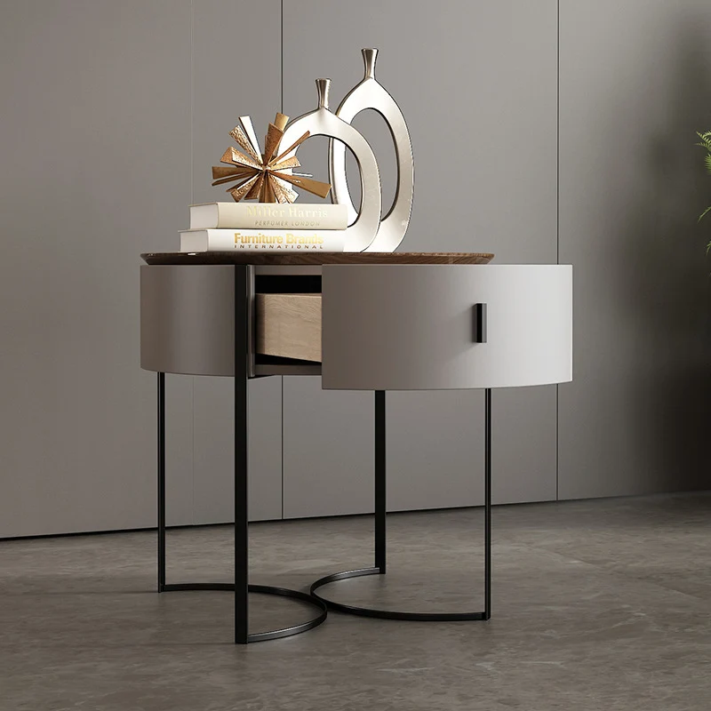Modern Minimalist Round MDF Walnut Veneer Carbon Steel Storage Cabinet 2-Leg 1-Drawer For Living Room
