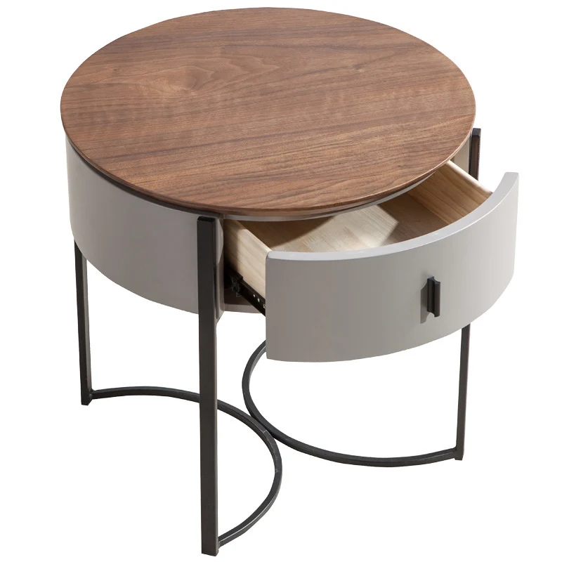 Modern Minimalist Round MDF Walnut Veneer Carbon Steel Storage Cabinet 2-Leg 1-Drawer For Living Room