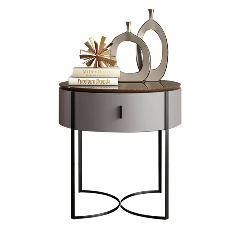 Modern Minimalist Round MDF Walnut Veneer Carbon Steel Storage Cabinet 2-Leg 1-Drawer For Living Room