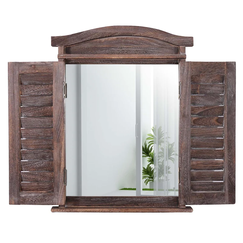 Miroir mural forme fenêtre avec volets 53x42x5cm en bois marron vieilli 04_0005484