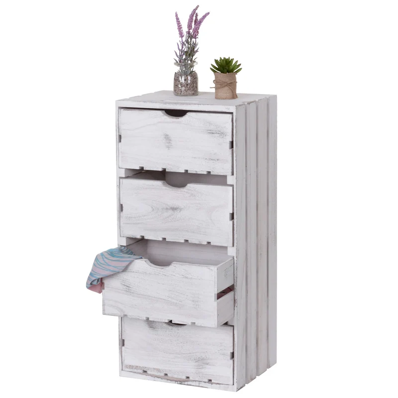 Commode à tiroirs petit meuble de rangement en bois style vintage 4 tiroirs 70x32x26cm blanc 04_0002487