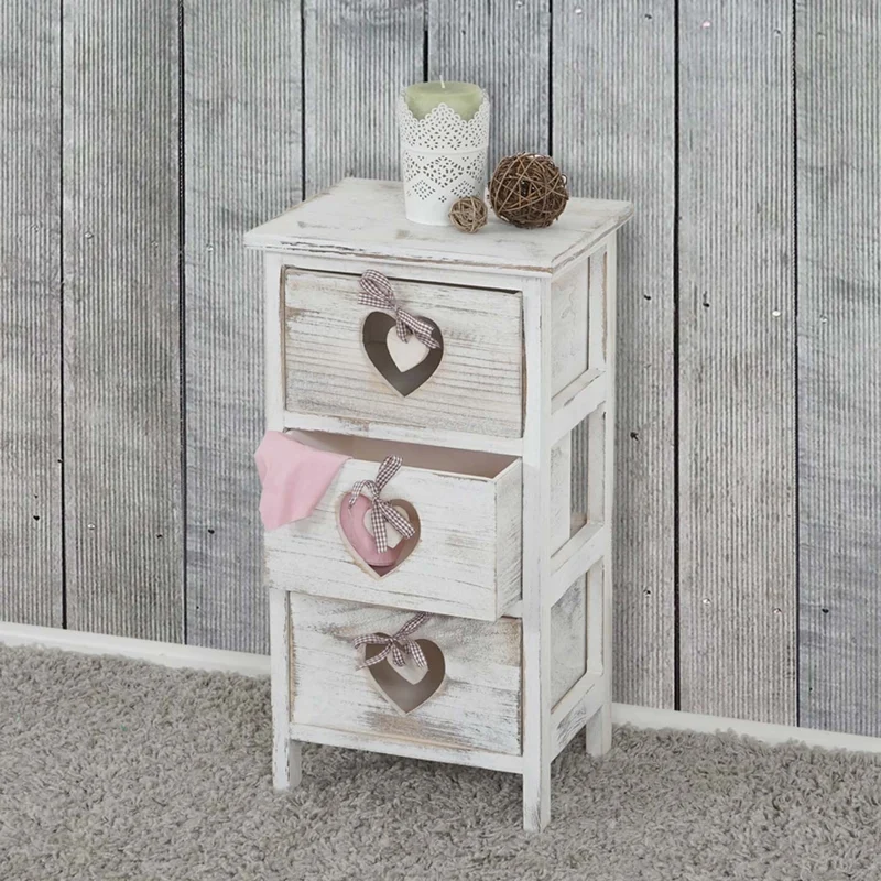 Petit meuble de rangement table de chevet 3 tiroirs avec motif coeurs 55x29x25cm style vintage blanc 04_0002479