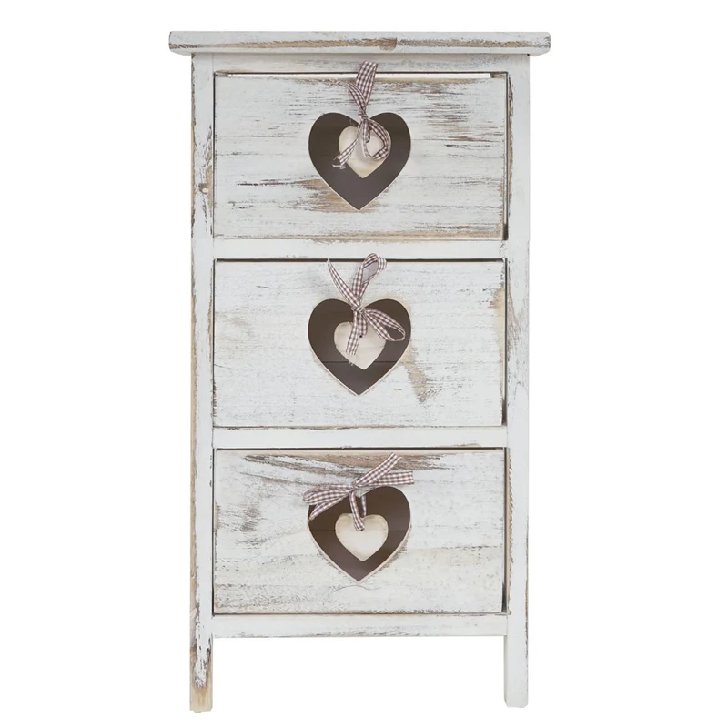 Petit meuble de rangement table de chevet 3 tiroirs avec motif coeurs 55x29x25cm style vintage blanc 04_0002479