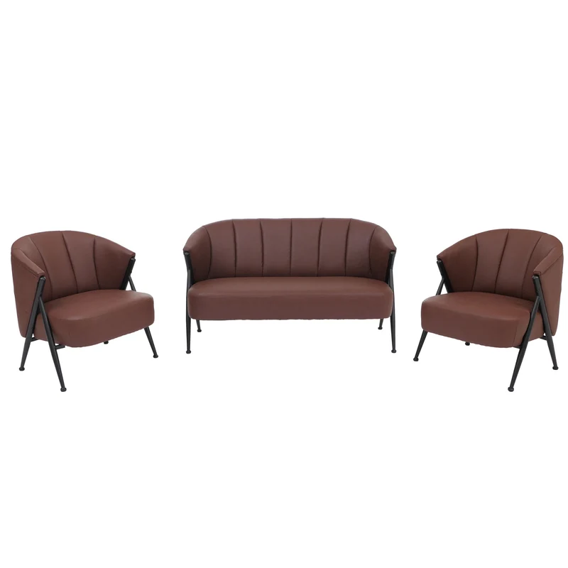Salon complet vintage industriel canapé 2 places et 2 fauteuils métal simili cuir rouge rouille 04_0008978