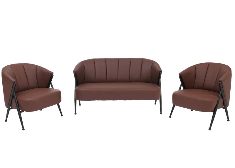 Salon complet vintage industriel canapé 2 places et 2 fauteuils métal simili cuir rouge rouille 04_0008978