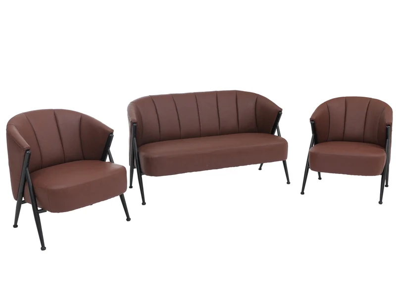Salon complet vintage industriel canapé 2 places et 2 fauteuils métal simili cuir rouge rouille 04_0008978