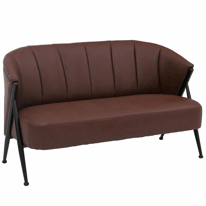 Salon complet vintage industriel canapé 2 places et 2 fauteuils métal simili cuir rouge rouille 04_0008978