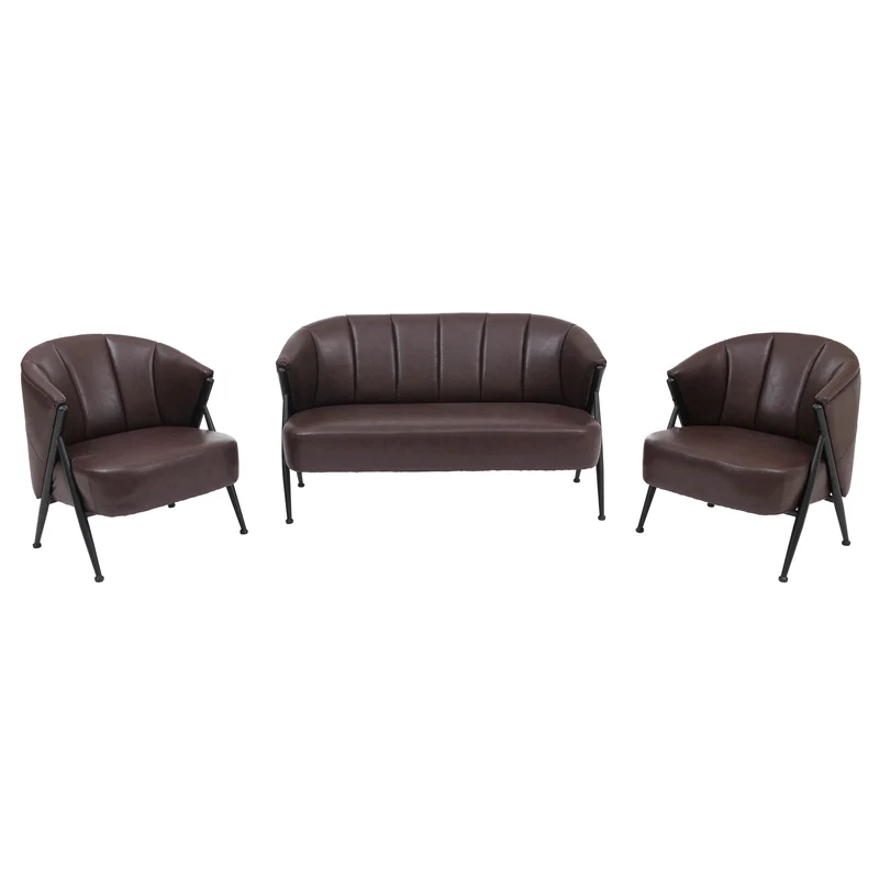 Salon complet vintage industriel canapé 2 places et 2 fauteuils métal simili cuir brun foncé 04_0008977