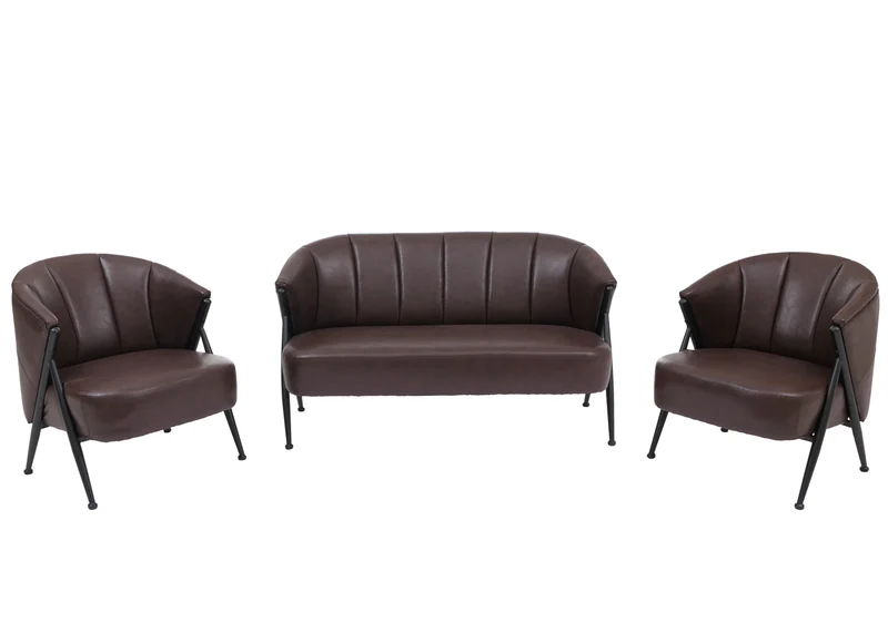 Salon complet vintage industriel canapé 2 places et 2 fauteuils métal simili cuir brun foncé 04_0008977