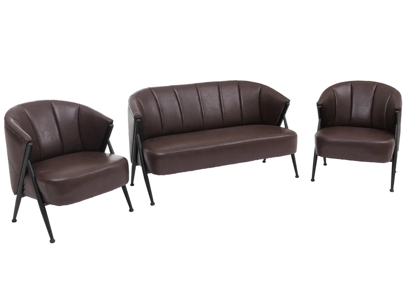 Salon complet vintage industriel canapé 2 places et 2 fauteuils métal simili cuir brun foncé 04_0008977