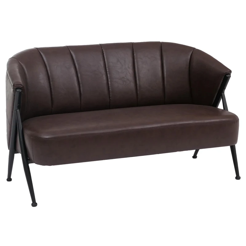 Salon complet vintage industriel canapé 2 places et 2 fauteuils métal simili cuir brun foncé 04_0008977