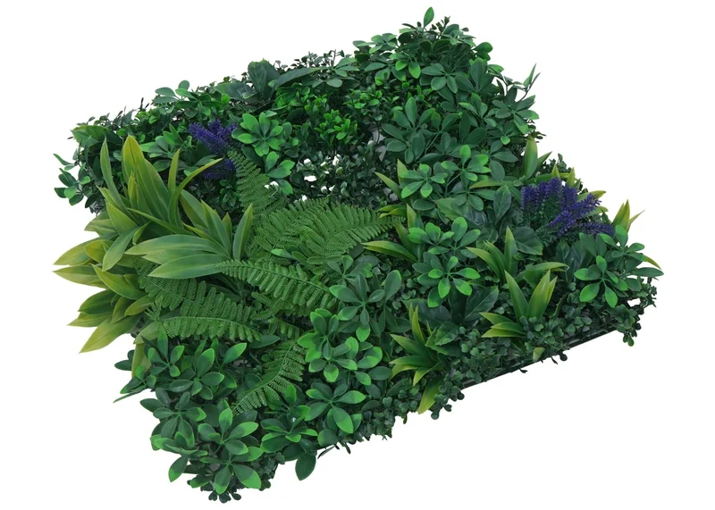 Lot de 4 panneaux muraux végétaux artificiels 1 m² feuillage vert avec fleurs violettes pour intérieur et extérieur polyéthylène 04_0009171