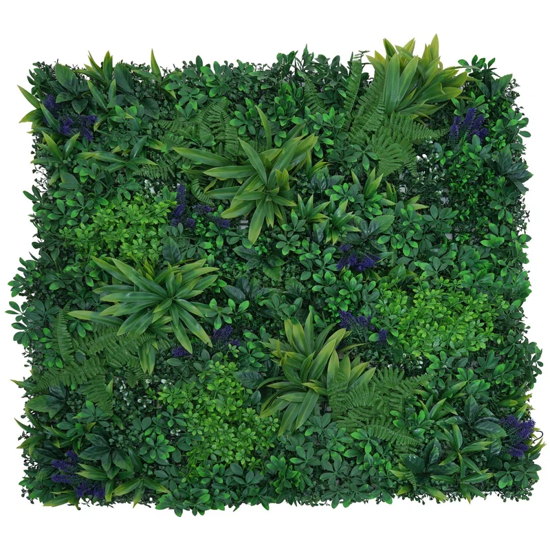 Lot de 4 panneaux muraux végétaux artificiels 1 m² feuillage vert avec fleurs violettes pour intérieur et extérieur polyéthylène 04_0009171