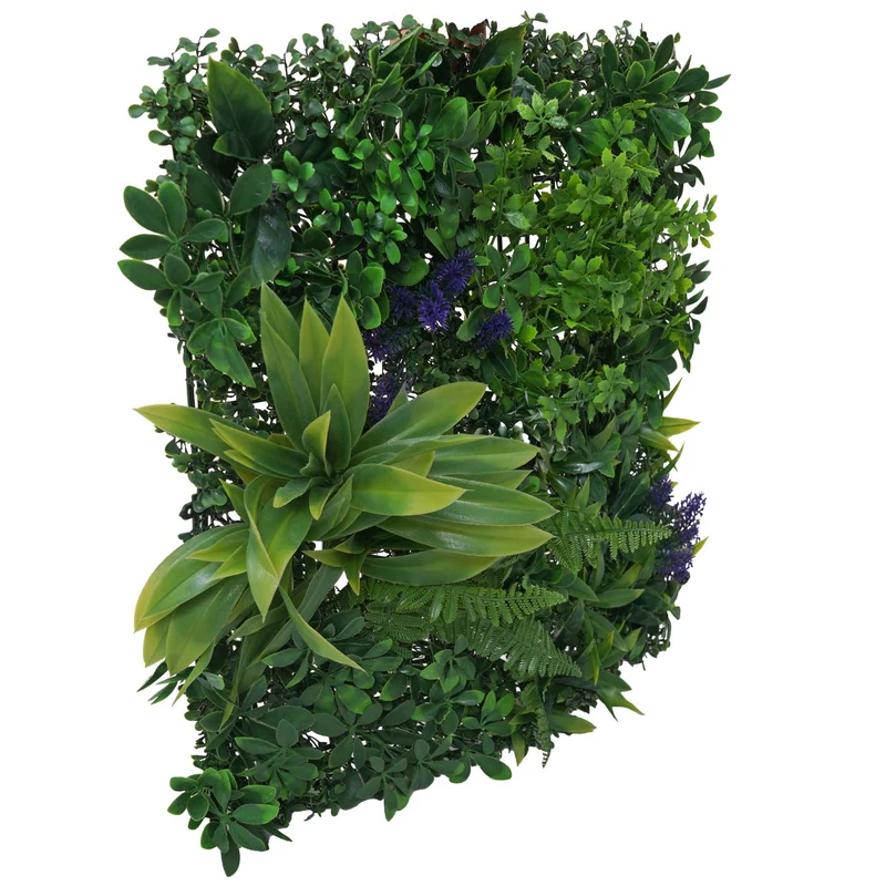 Lot de 4 panneaux muraux végétaux artificiels 1 m² feuillage vert avec fleurs violettes pour intérieur et extérieur polyéthylène 04_0009171