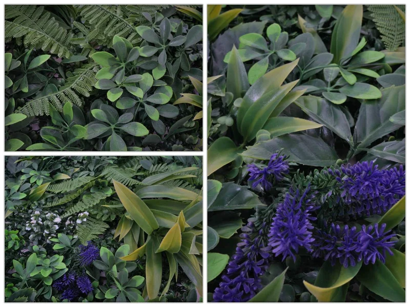 Lot de 4 panneaux muraux végétaux artificiels 1 m² feuillage vert avec fleurs violettes pour intérieur et extérieur polyéthylène 04_0009171