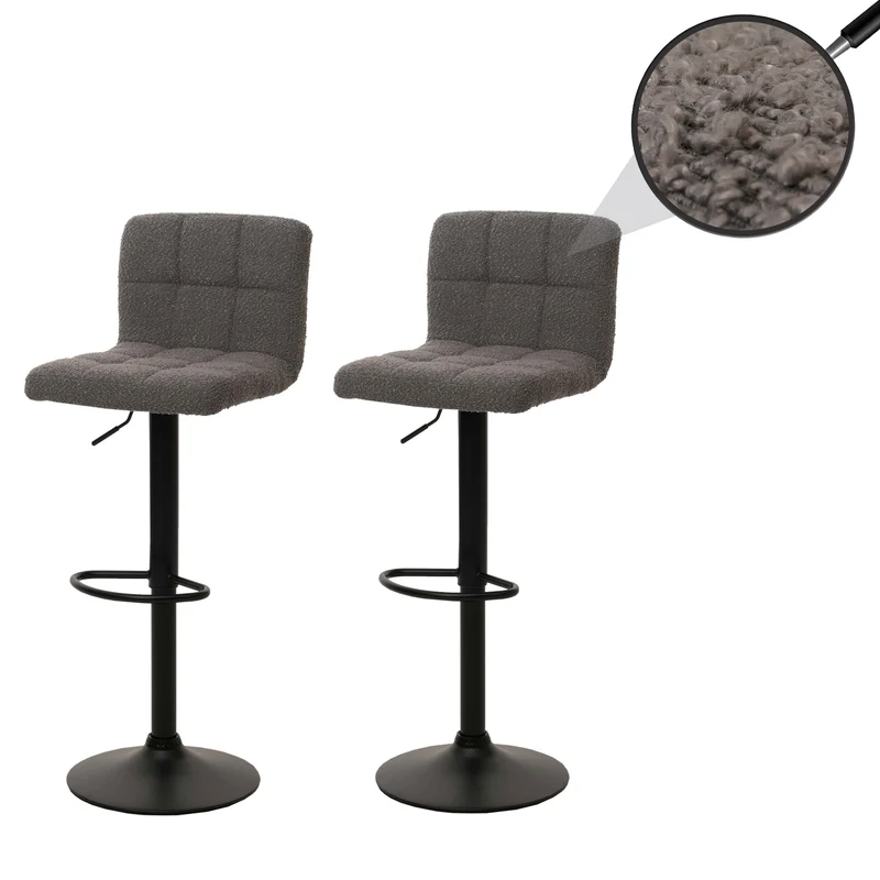 Lot de 2 tabourets de bar réglables pivotants avec repose pieds tissu bouclé gris foncé acier noir mat 04_0009955