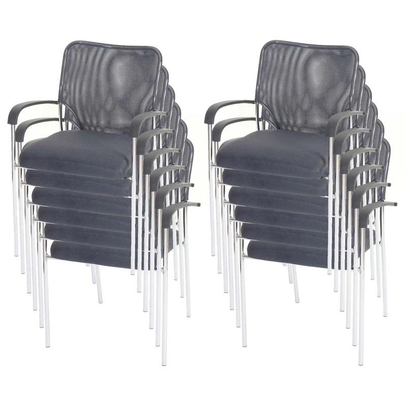 Lot de 12 chaises de conférence empilables avec accoudoirs dossier respirant tissu gris métal chromé gris 04_0011389