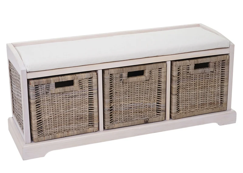 Banc de rangement avec 3 paniers et coussin d’assise rotin kubu et bois d’acajou blanc 112 cm 04_0005824