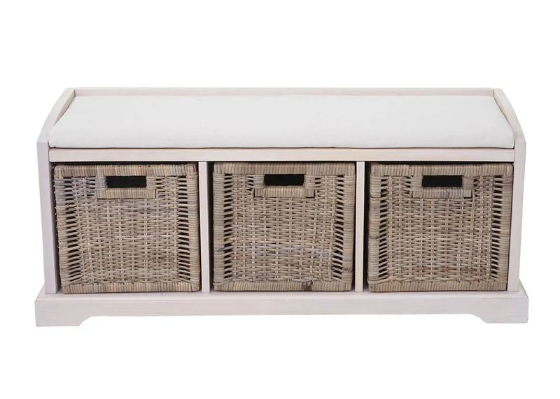 Banc de rangement avec 3 paniers et coussin d’assise rotin kubu et bois d’acajou blanc 112 cm 04_0005824