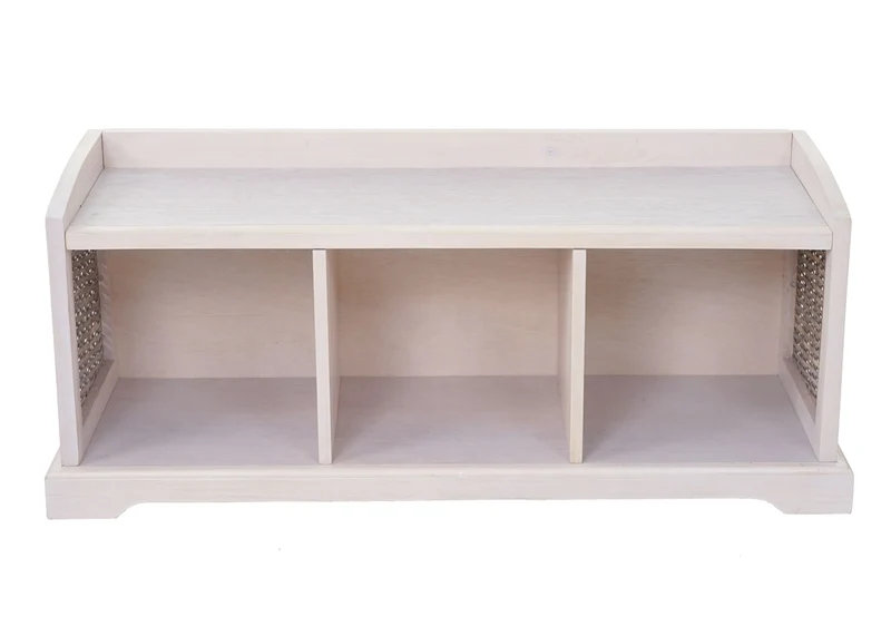 Banc de rangement avec 3 paniers et coussin d’assise rotin kubu et bois d’acajou blanc 112 cm 04_0005824