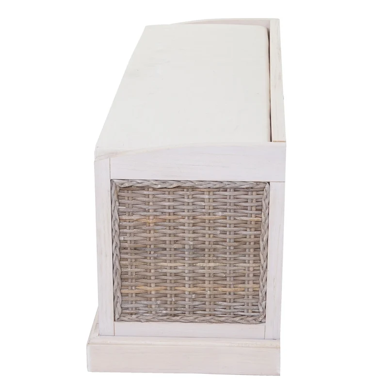 Banc de rangement avec 3 paniers et coussin d’assise rotin kubu et bois d’acajou blanc 112 cm 04_0005824