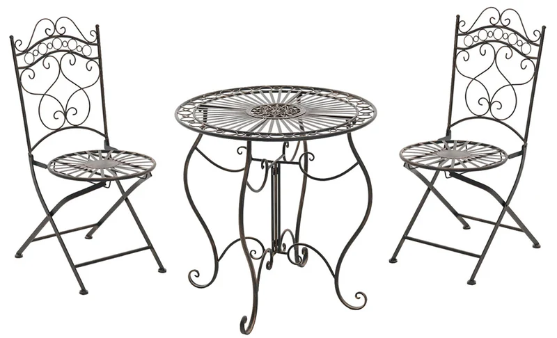 Ensemble de jardin en fer forgé couleur bronze effet vieilli – Table ronde et 2 chaises style vintage 10_0007940