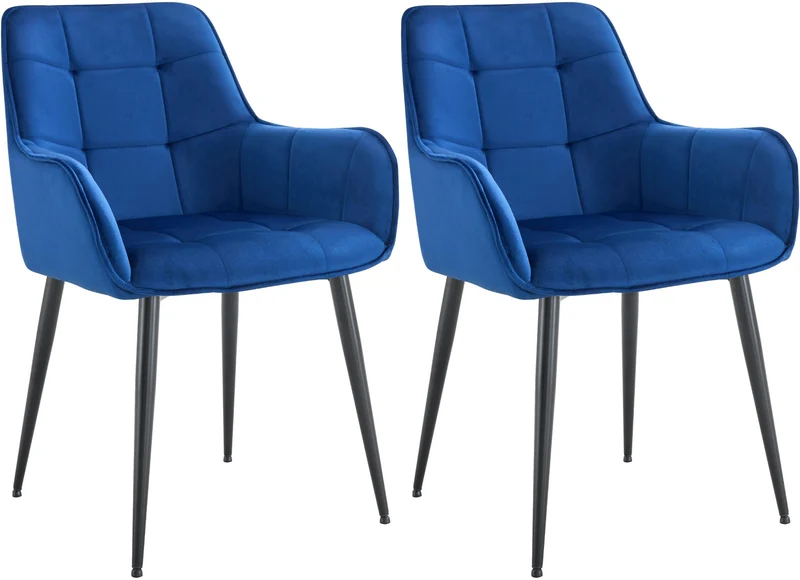 Lot de 2 chaises de salle à manger avec accoudoirs en velours bleu foncé capitonné cadre métal noir 10_0007396