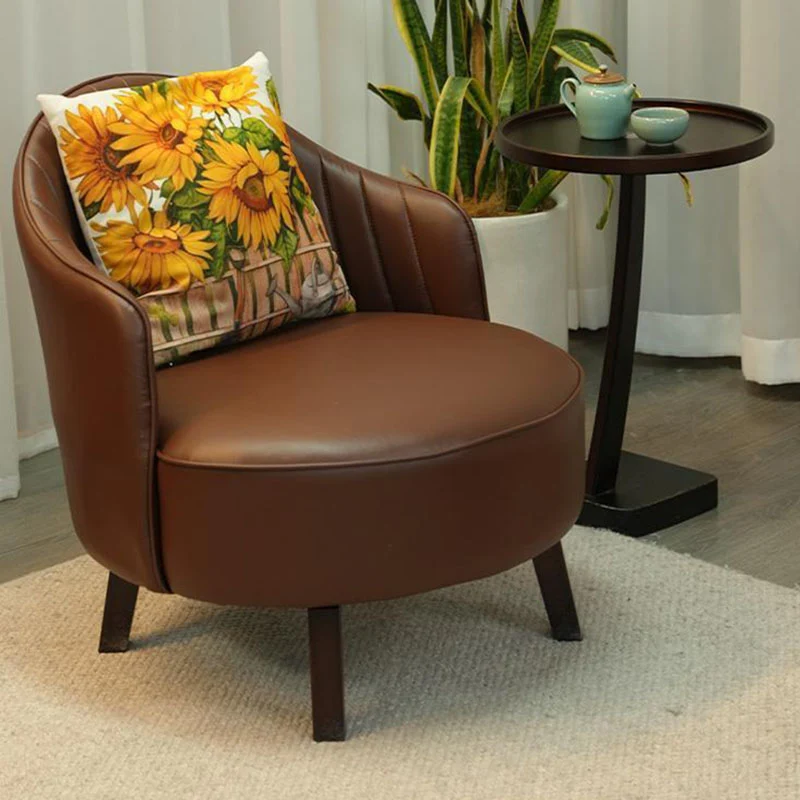 Traditional Vintage Rotatable Round Carbon Steel Faux Oil-Wax Leather Sponge Accent Chair Backrest Armless For Living Room