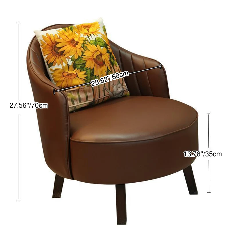Traditional Vintage Rotatable Round Carbon Steel Faux Oil-Wax Leather Sponge Accent Chair Backrest Armless For Living Room