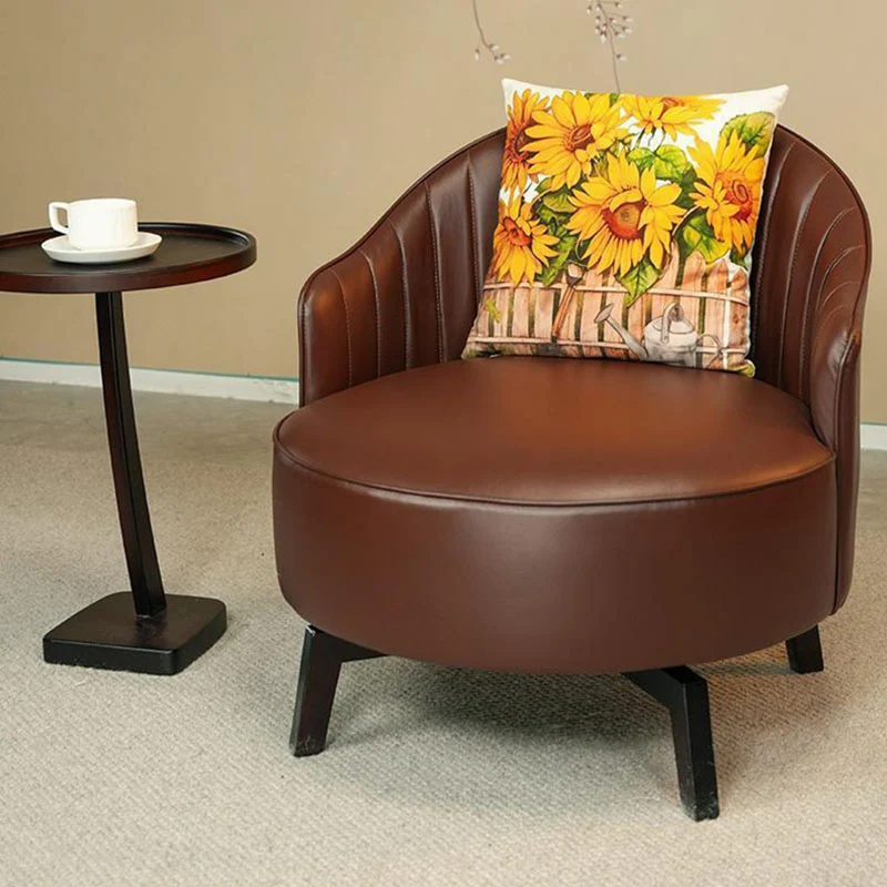 Traditional Vintage Rotatable Round Carbon Steel Faux Oil-Wax Leather Sponge Accent Chair Backrest Armless For Living Room