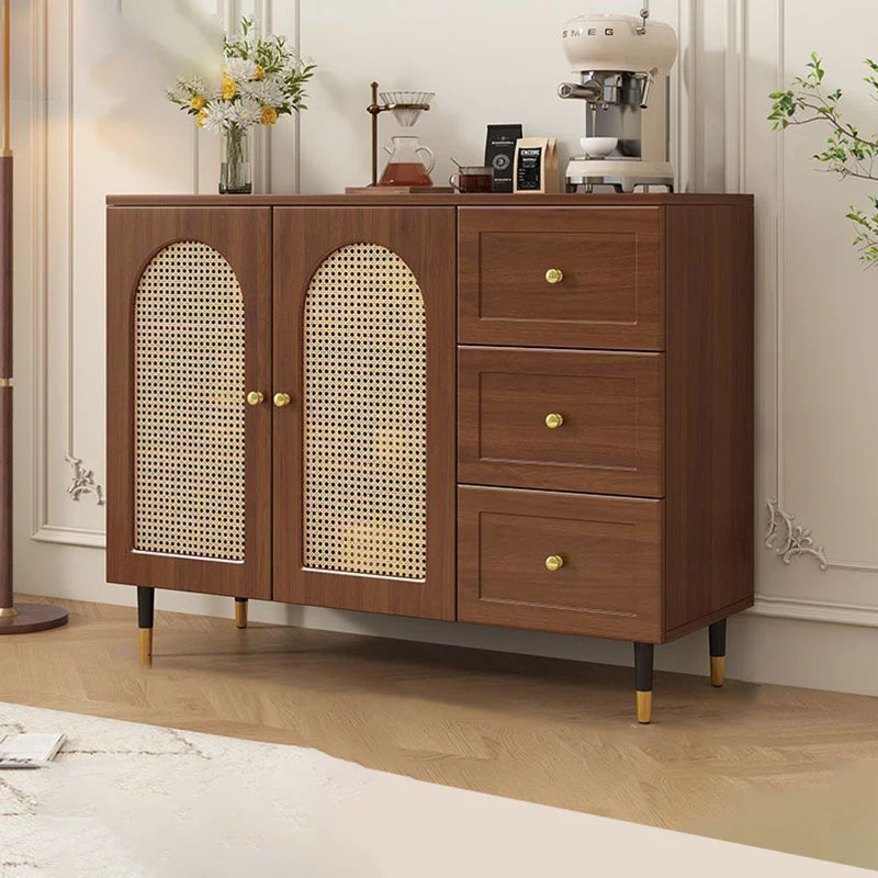 Traditional Rustic Rectangular Plywood Glass Faux Rattan Weaving Large Capacity Storage Cabinet 3-Drawer For Living Room