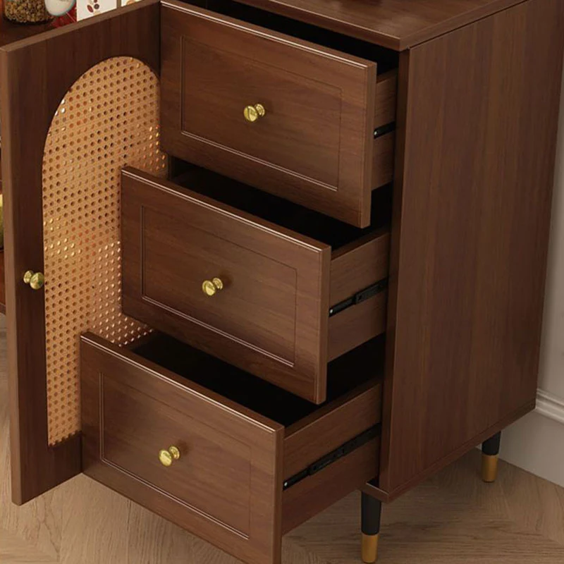 Traditional Rustic Rectangular Plywood Glass Faux Rattan Weaving Large Capacity Storage Cabinet 3-Drawer For Living Room