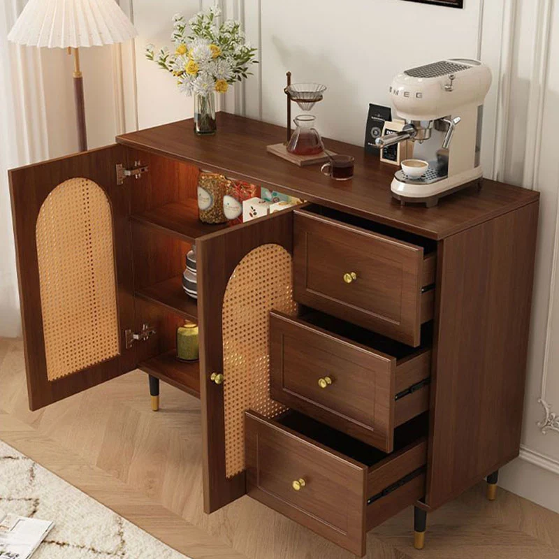 Traditional Rustic Rectangular Plywood Glass Faux Rattan Weaving Large Capacity Storage Cabinet 3-Drawer For Living Room