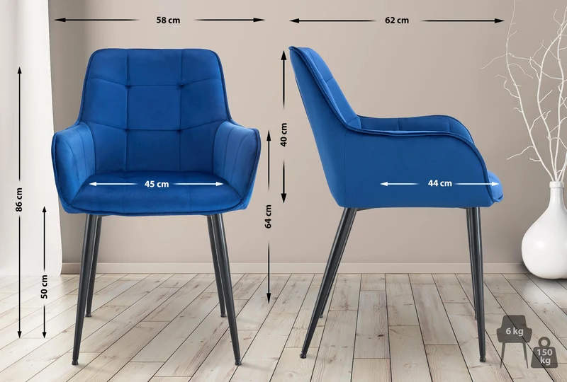 Chaise de salle à manger x1 avec accoudoirs en velours bleu foncé capitonné cadre métal noir 10_0007194