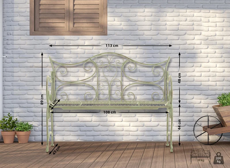 Banc de jardin avec accoudoirs design rustique largeur 113 cm en métal blanc vieilli 10_0002944