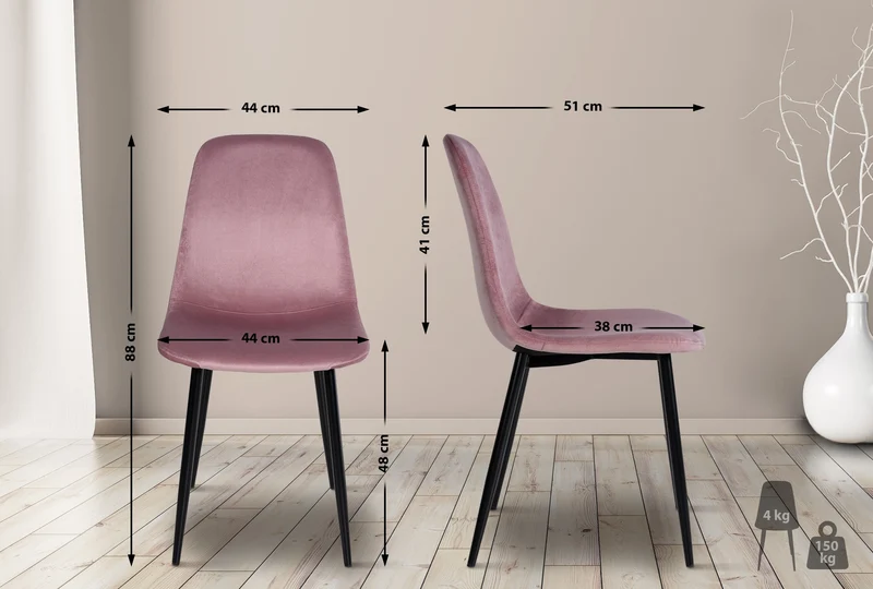 Lot de 4 chaises de salle à manger design moderne avec pieds en métal noir et assise en PVC rose 10_0001828