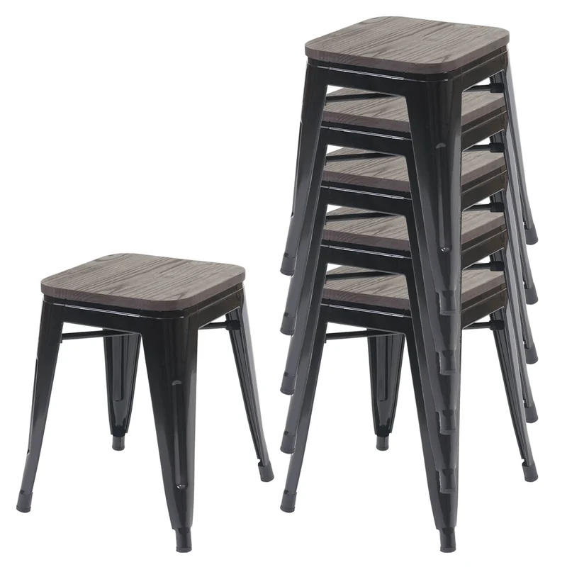 Lot de 6 tabourets bas assise en bois cadre en métal noir design industriel empilable 04_0007800