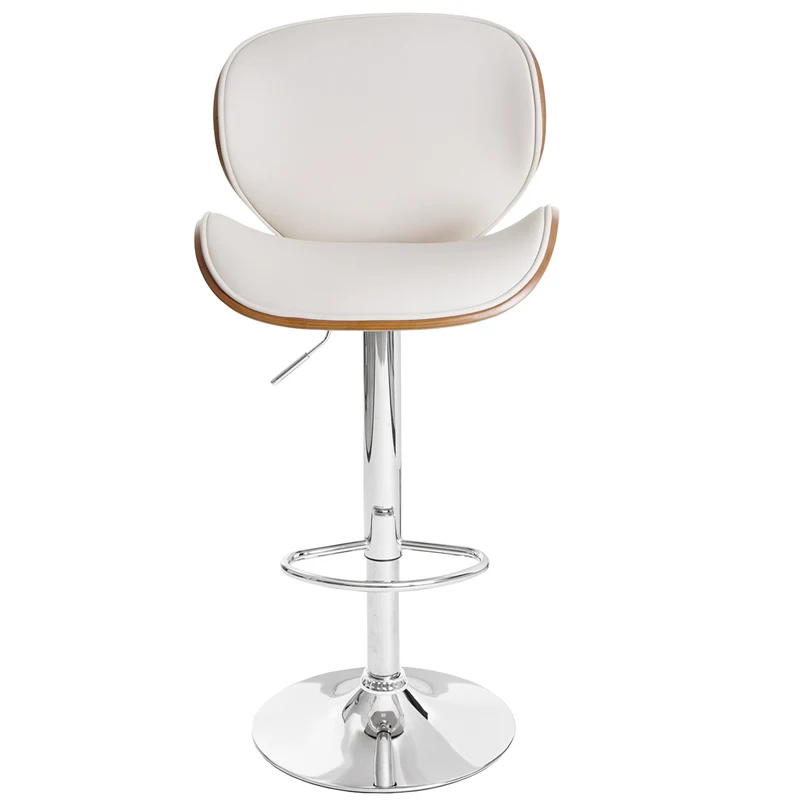 Tabouret de bar chaise haute de bar x1 design retro en PVC crème bois noyer et métal 04_0001217