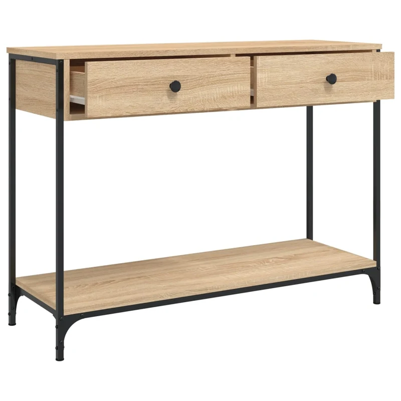 Table d'appoint console pratique avec deux tiroirs pour une entrée organisée 100 x 34,5 x 75 cm bois d'ingénierie couleur chêne et métal DEC031911