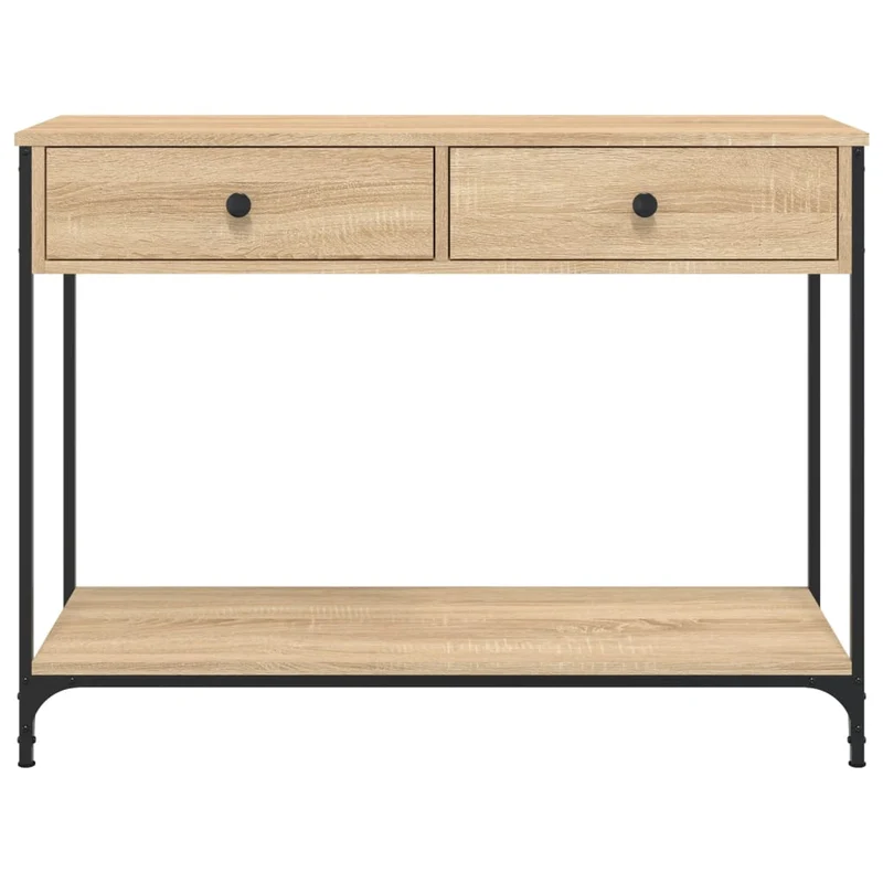 Table d'appoint console pratique avec deux tiroirs pour une entrée organisée 100 x 34,5 x 75 cm bois d'ingénierie couleur chêne et métal DEC031911