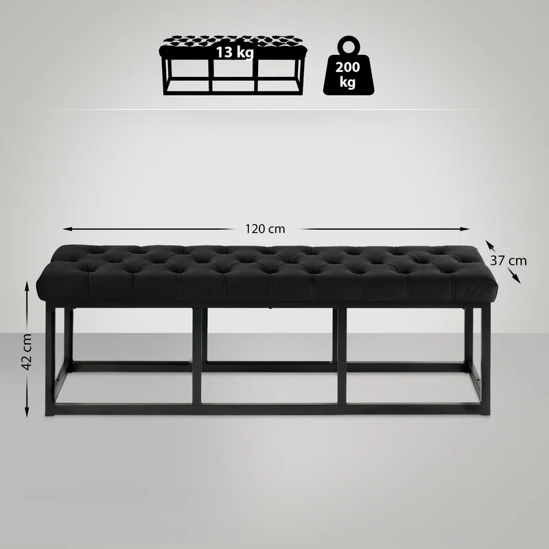 Banquette capitonné bout de lit en tissu velours noir support en métal noir 120 cm BAN10109