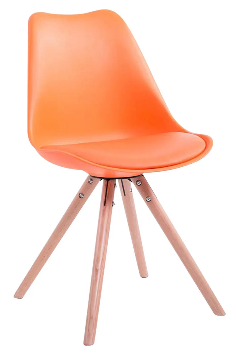 Chaise de salle à manger design scandinave en plastique et PVC orange et pieds en bois clair forme rond 10_0008807