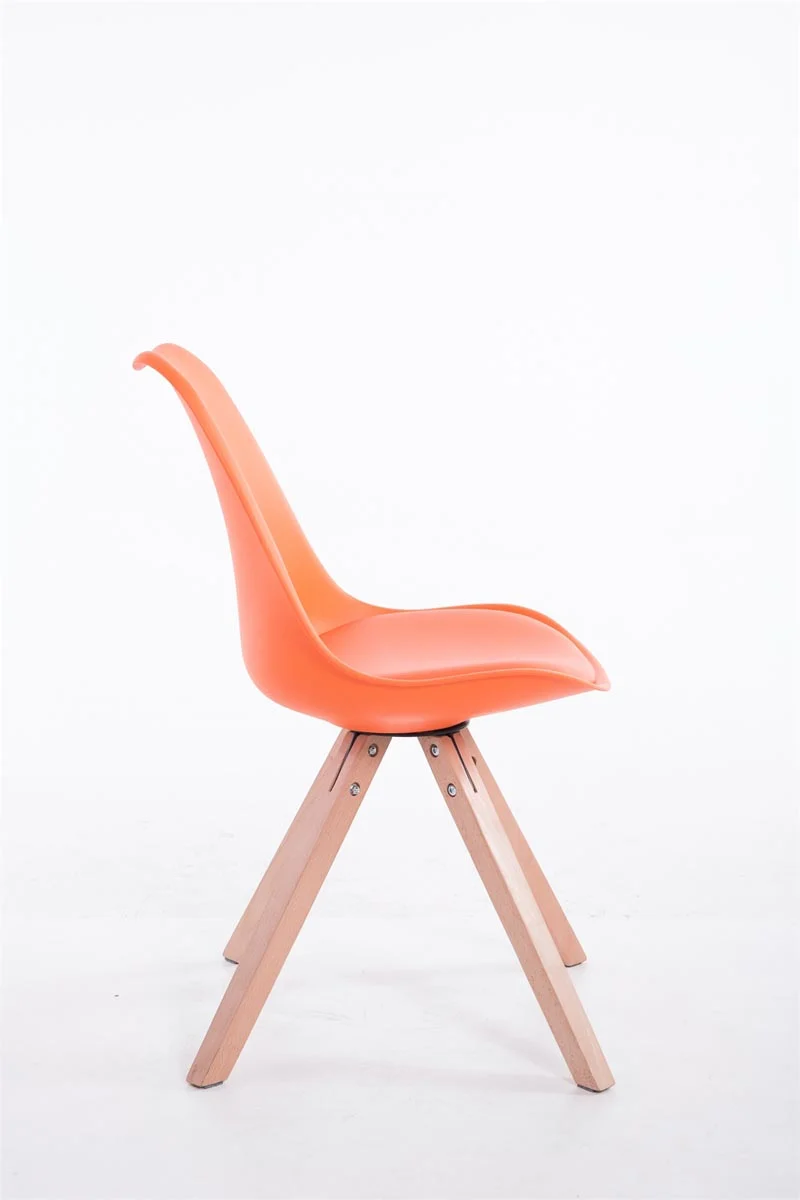 Chaise de salle à manger design scandinave en plastique et PVC orange et pieds en bois clair forme carré 10_0008485