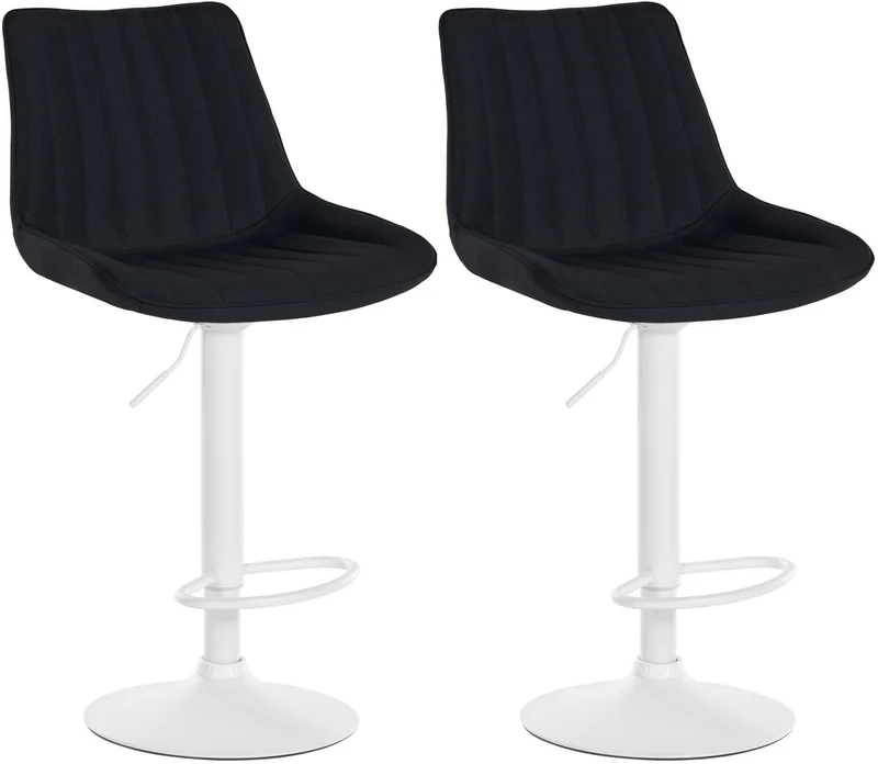 Lot de 2 tabourets de bar réglable en hauteur pivotant à 360° assise en tissu noir couture verticale pied métal blanc 10_0006407